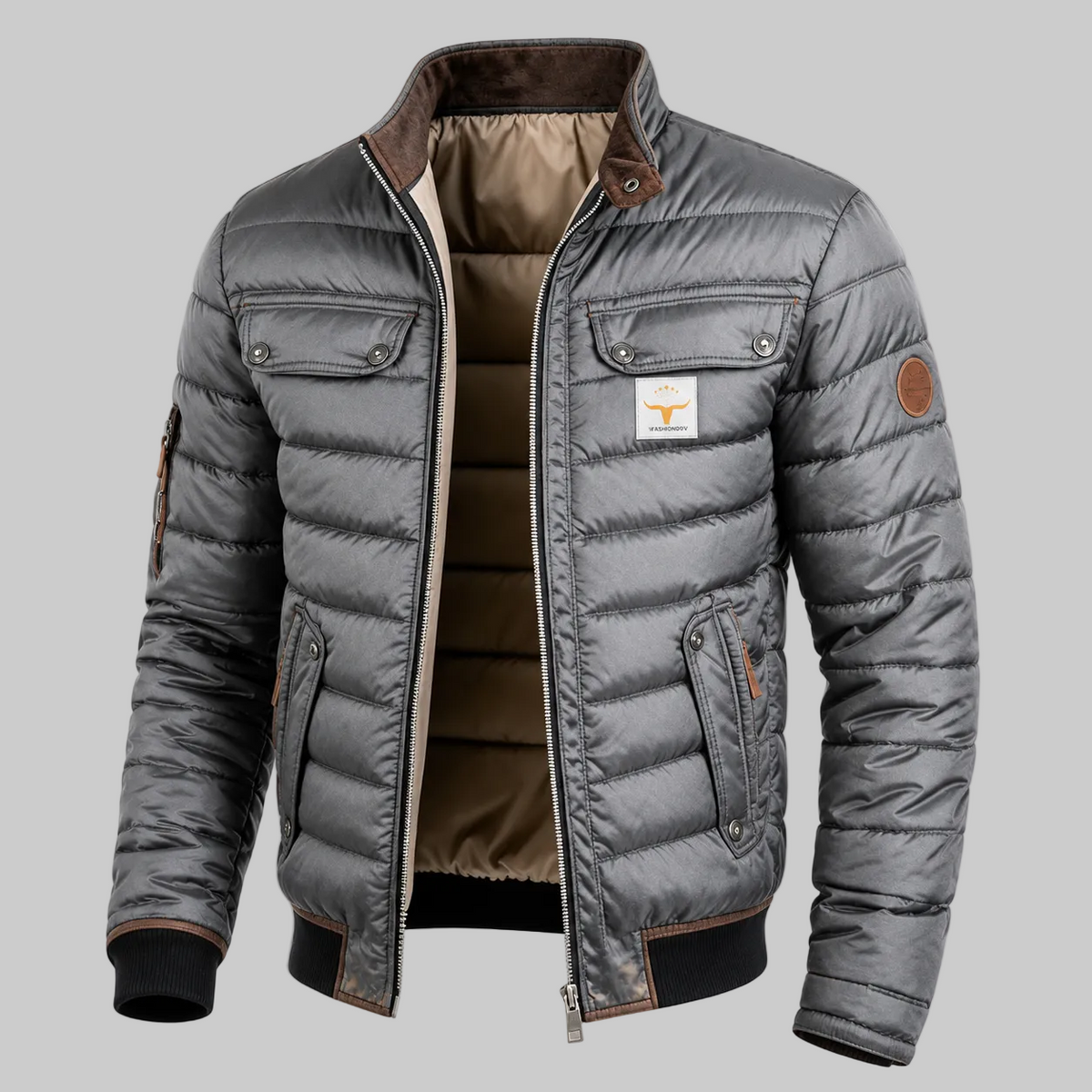 Alden men’s quilted jacket in grey with stand collar, front view