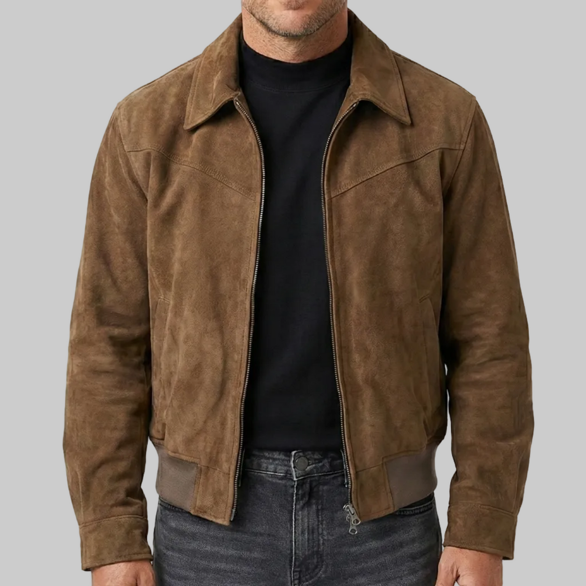 Man wearing a brown suede jacket on a white background