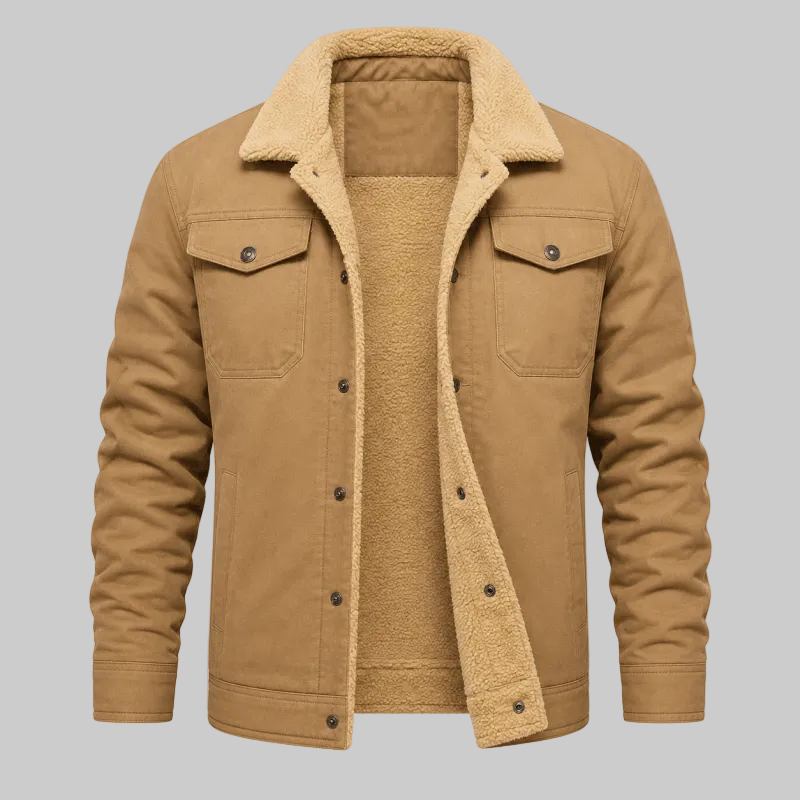 A men's tan sherpa-lined jacket with a button-front closure, flap chest pockets, and a plush collar, shown on a plain white background.