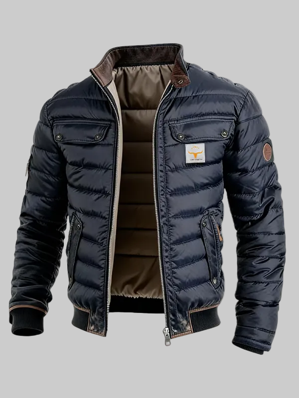 Alden men’s quilted jacket in navy with stand collar, front view